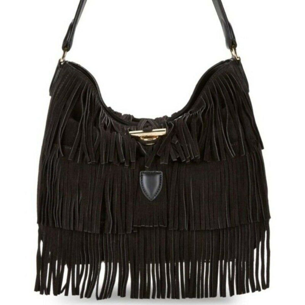 NWT Calvin Klein Fringed Suede Hobo Bag Black